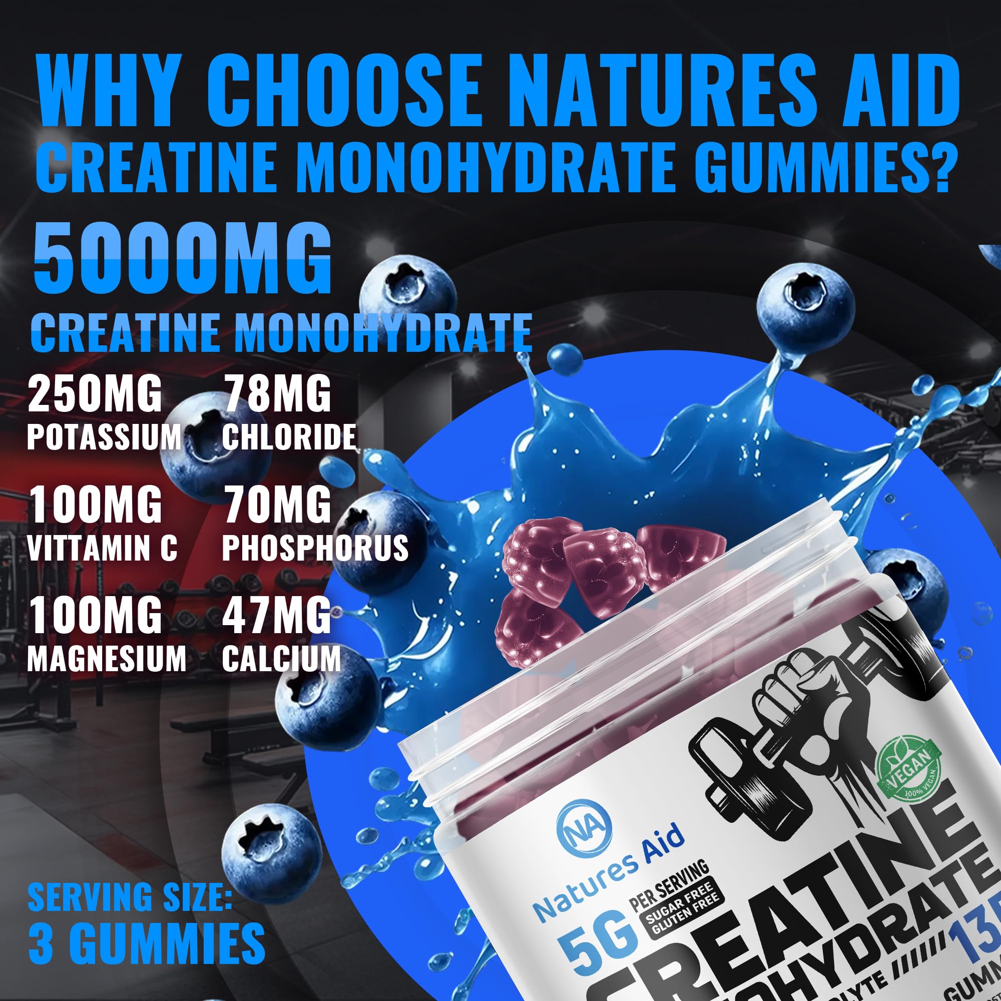 Natures Aid creatine gummy three gummies serving close-up showing 5g per serving