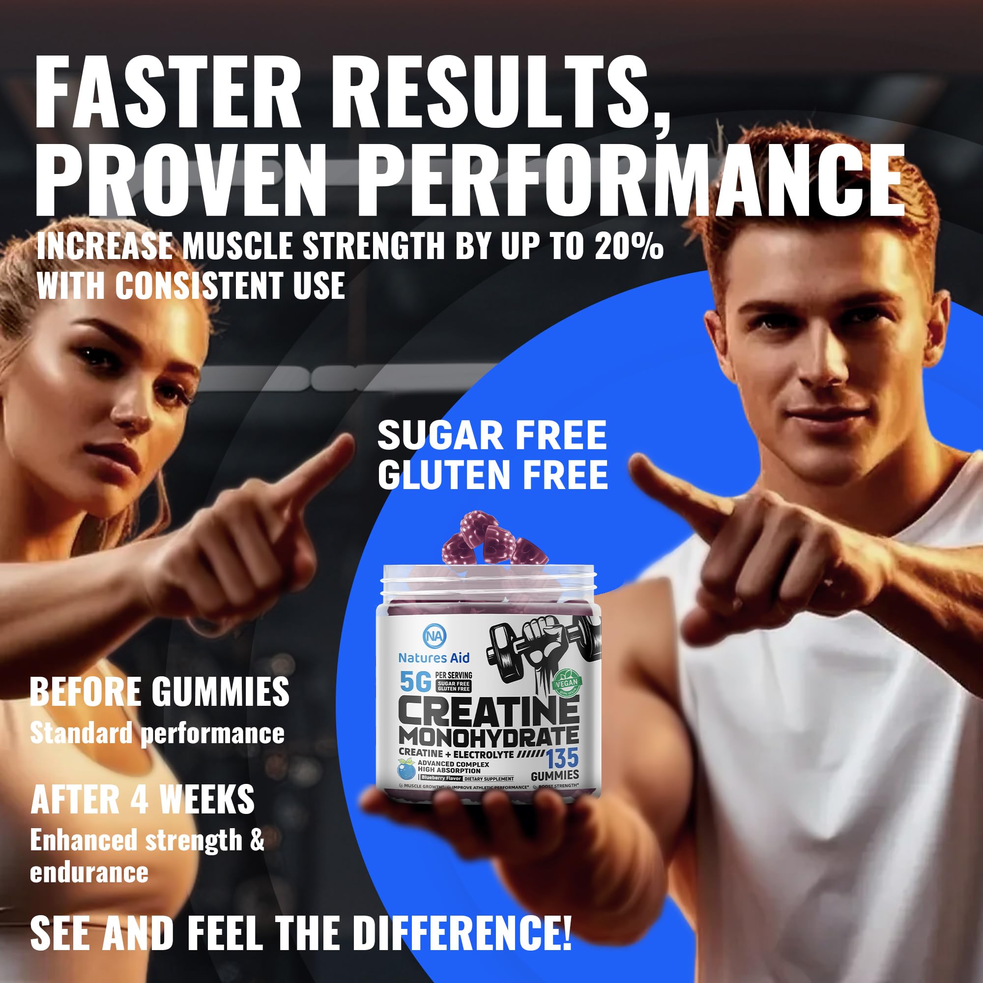 Natures Aid creatine gummy vegan and gluten-free symbols on label