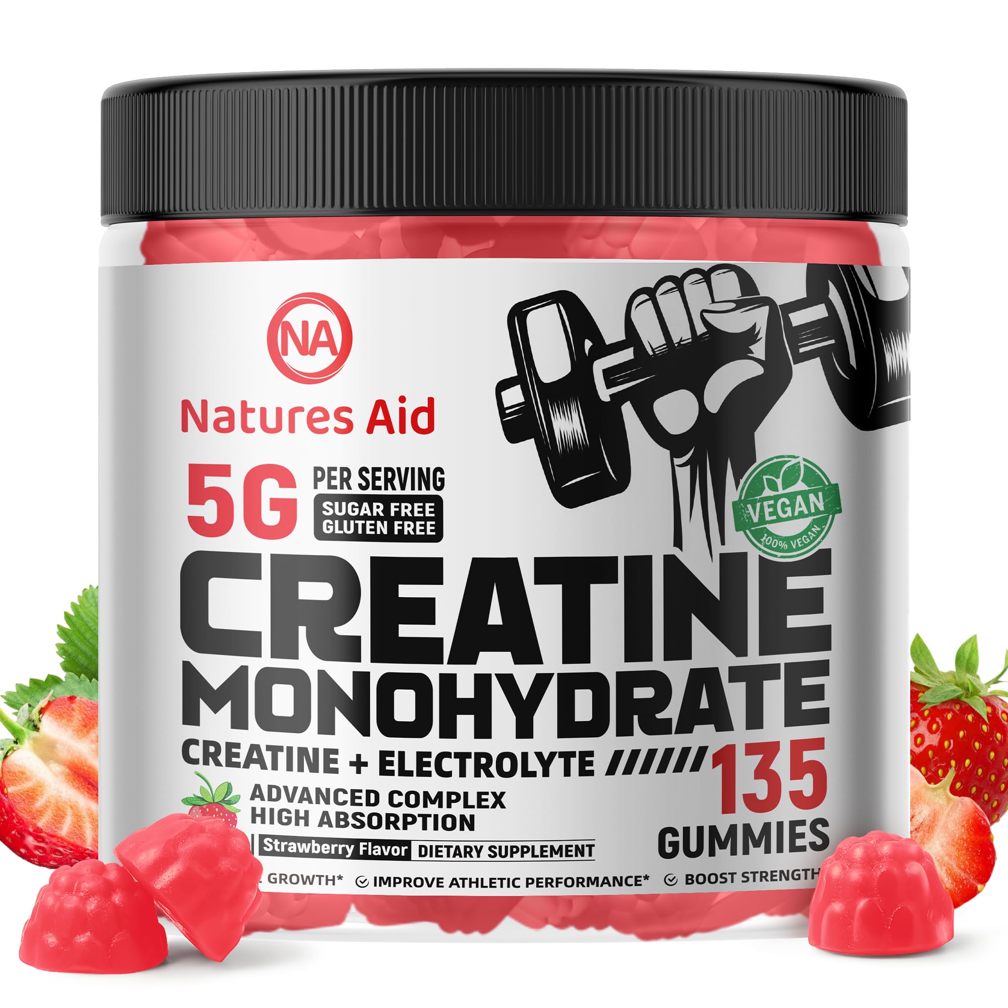 Front view of Natures Aid Creatine Monohydrate Gummies bottle with strawberry flavor