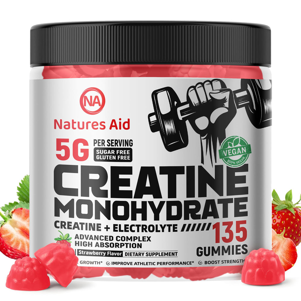 Front view of Natures Aid Creatine Monohydrate Gummies bottle with strawberry flavor