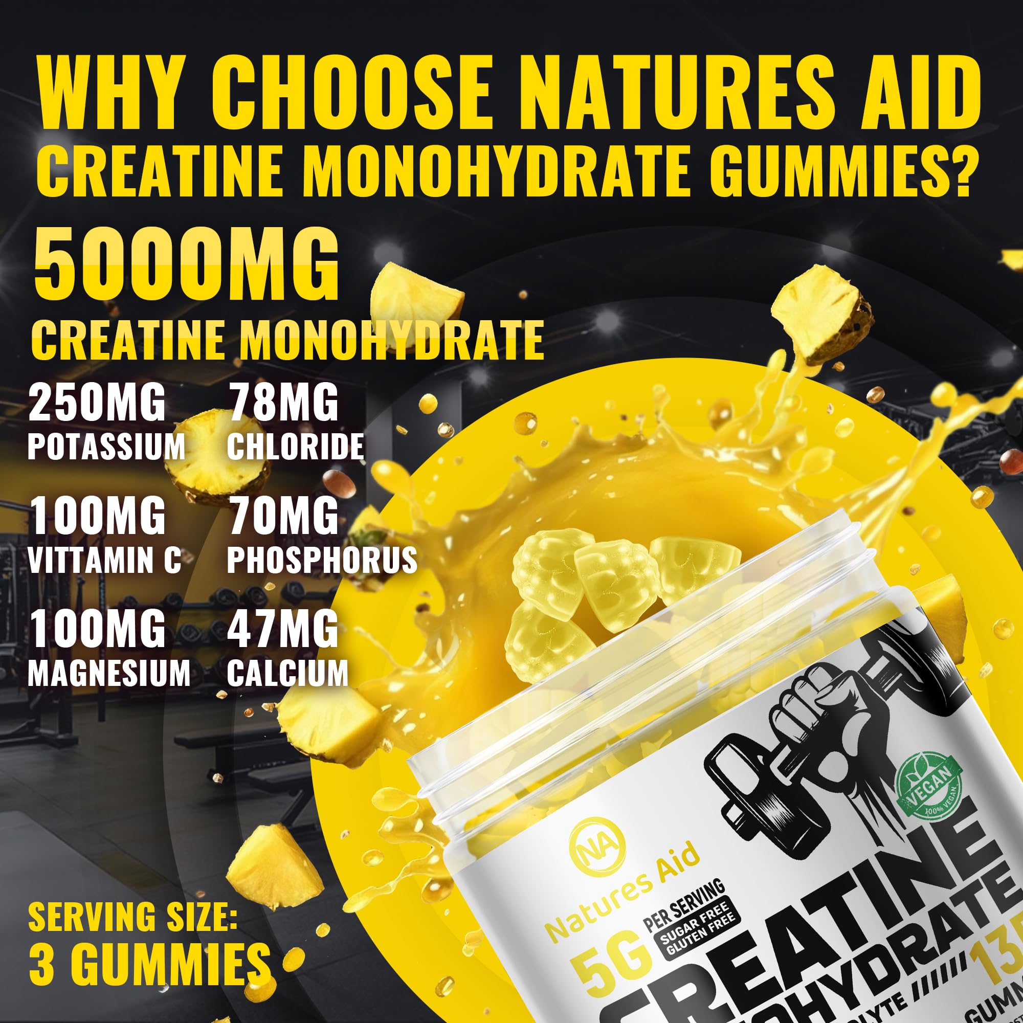 Serving size showing 3 gummies equals 5g creatine monohydrate