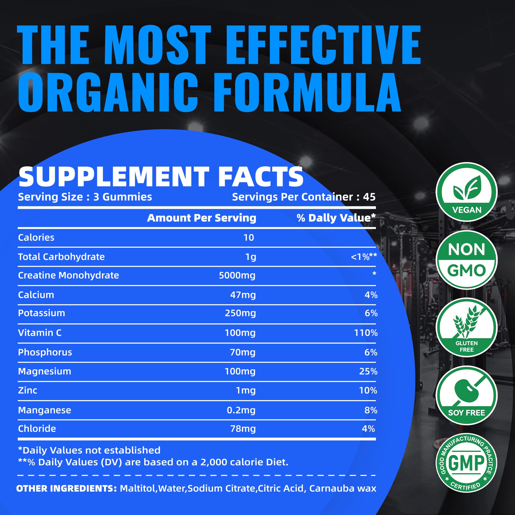 Three gummies shown per serving to indicate serving size of 5 g.