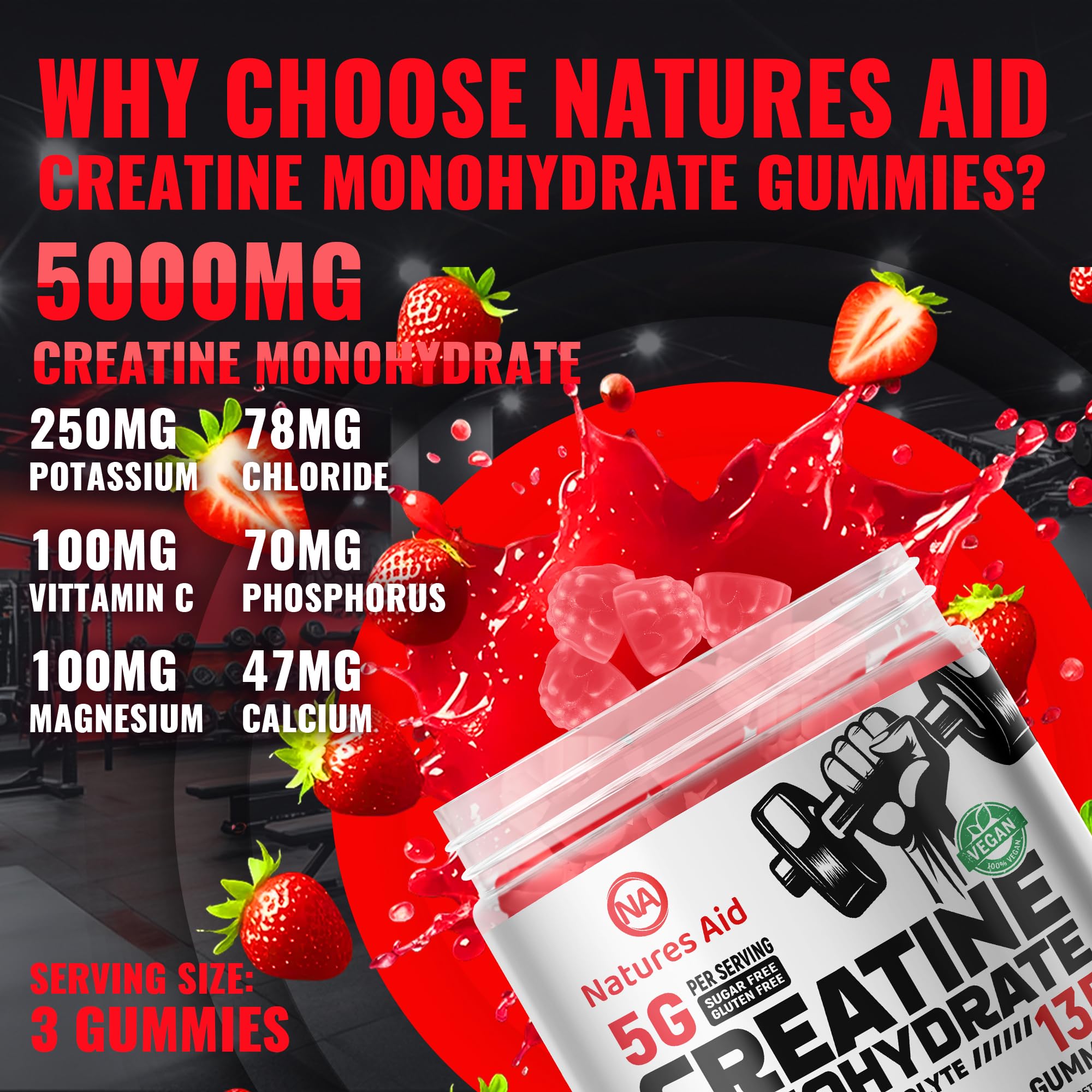 Natures Aid Creatine Monohydrate Gummies bottle-label closeup highlights purity and quality.
