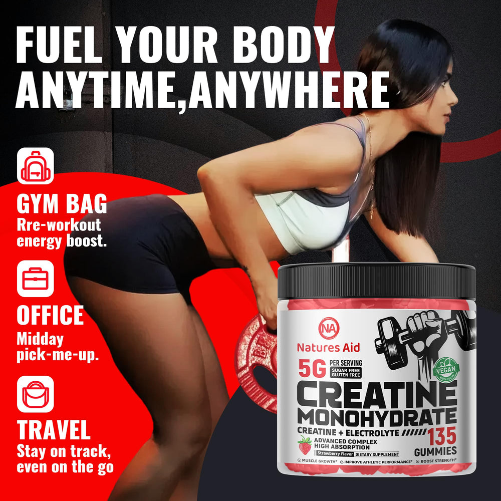 Natures Aid Creatine Monohydrate Gummies in hand suggests convenient post-workout use.