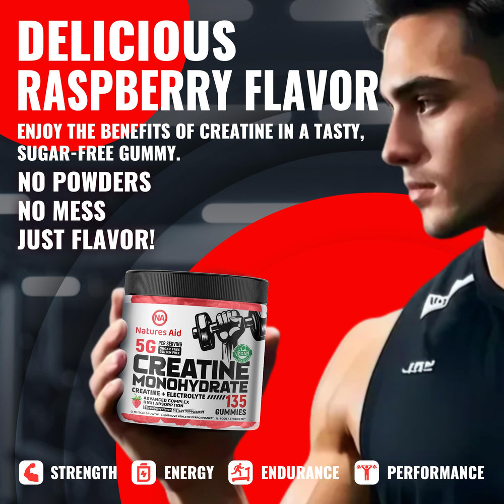 Natures Aid Creatine Monohydrate Gummies strawberry closeup emphasizes tasty electrolyte support.