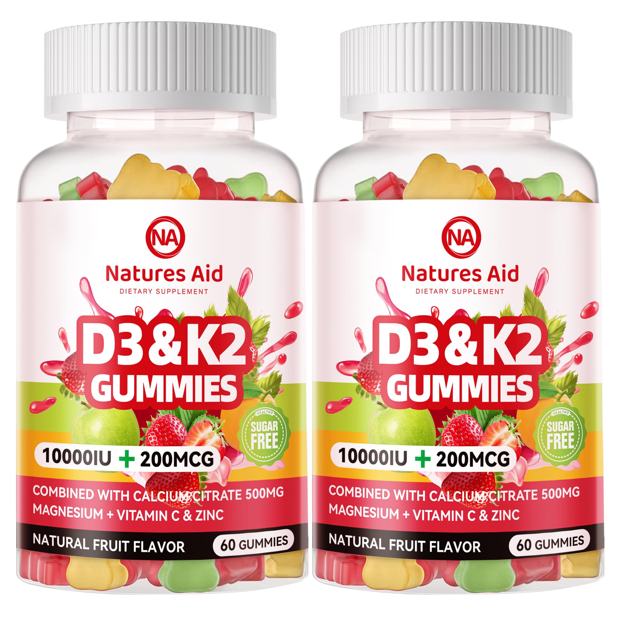 Front view of Natures Aid Sugar-Free D3 K2 Gummies 120-count bottle