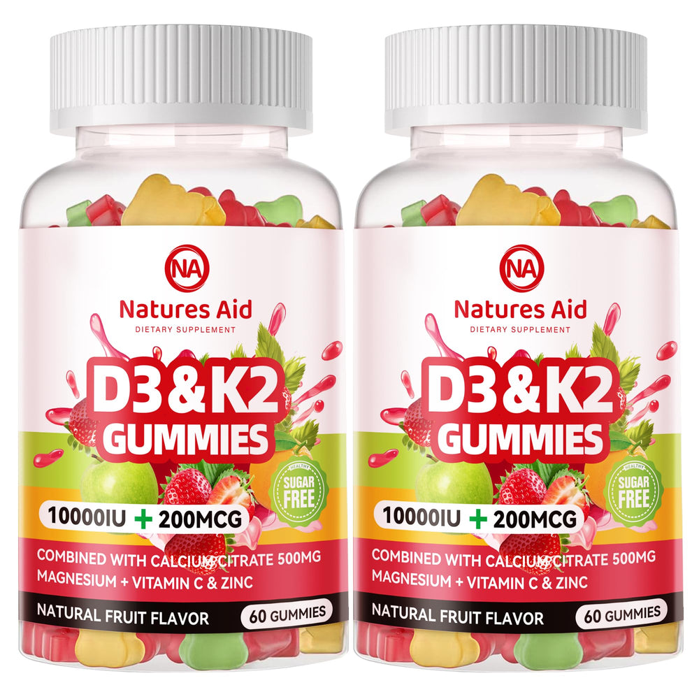 Front view of Natures Aid Sugar-Free D3 K2 Gummies 120-count bottle