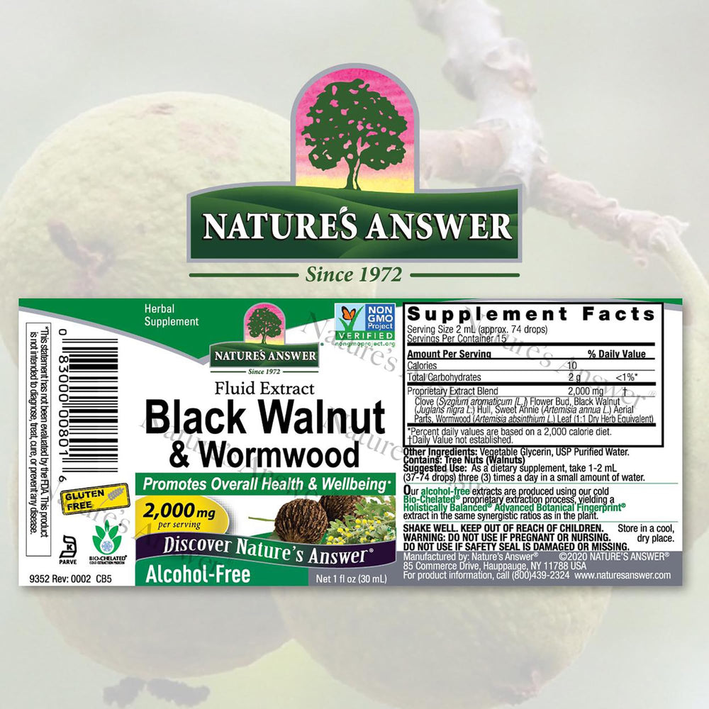 Label for Nature's Answer Black Walnut and Wormwood Liquid Extract 1 oz