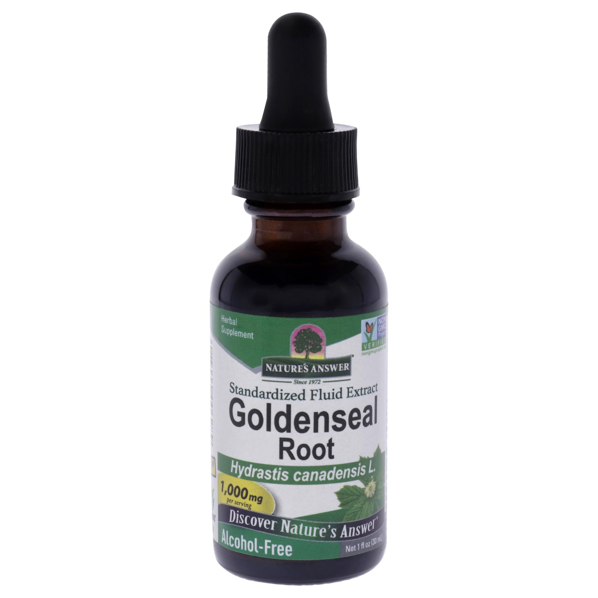 Nature's Answer Goldenseal Root bottle pour highlights concentrated herb extract for mucous membranes support