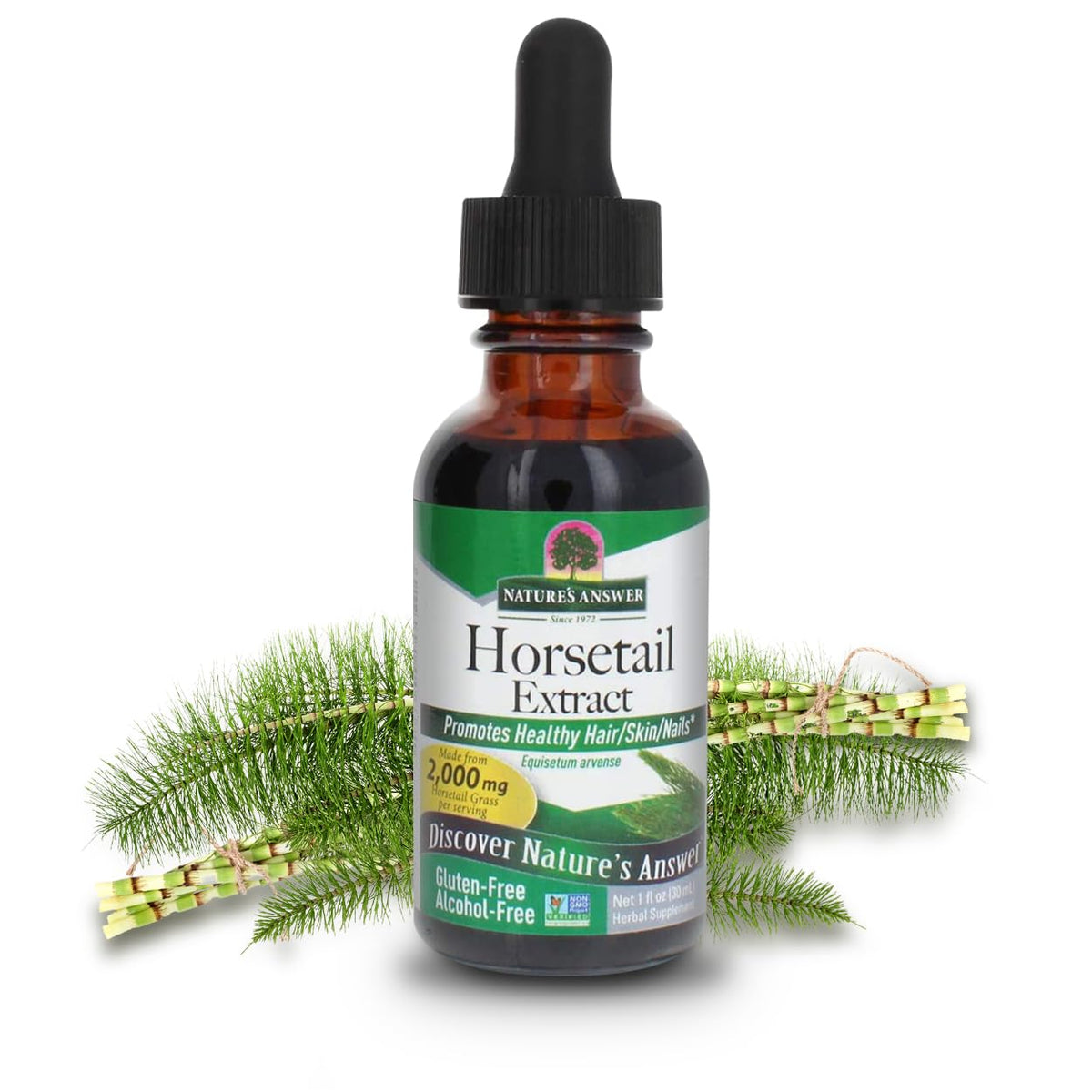 Nature's Answer horsetail bottle shows alcohol-free extract for hair, skin, and nails support.
