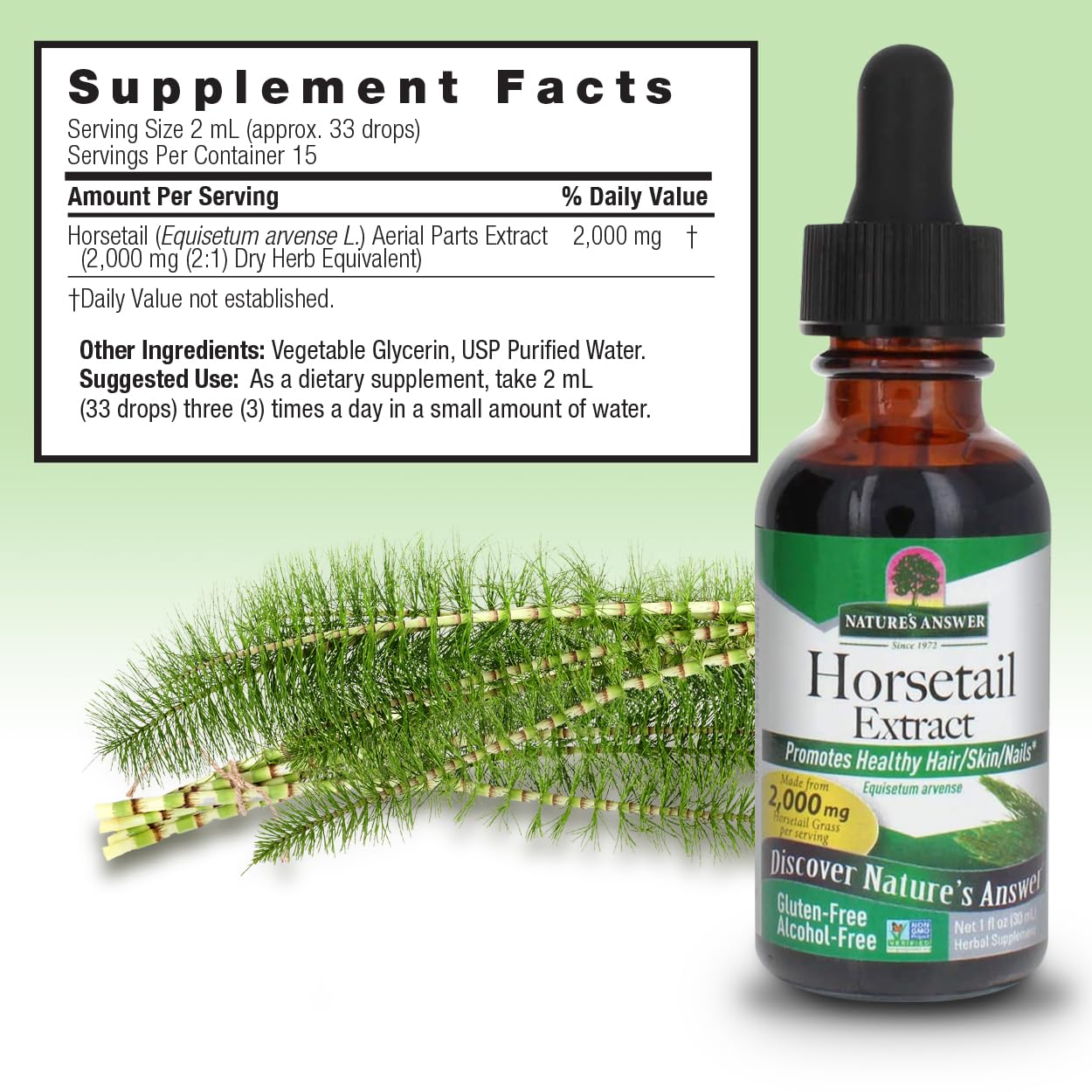Nature's Answer horsetail dropper highlights concentrated liquid for daily use.