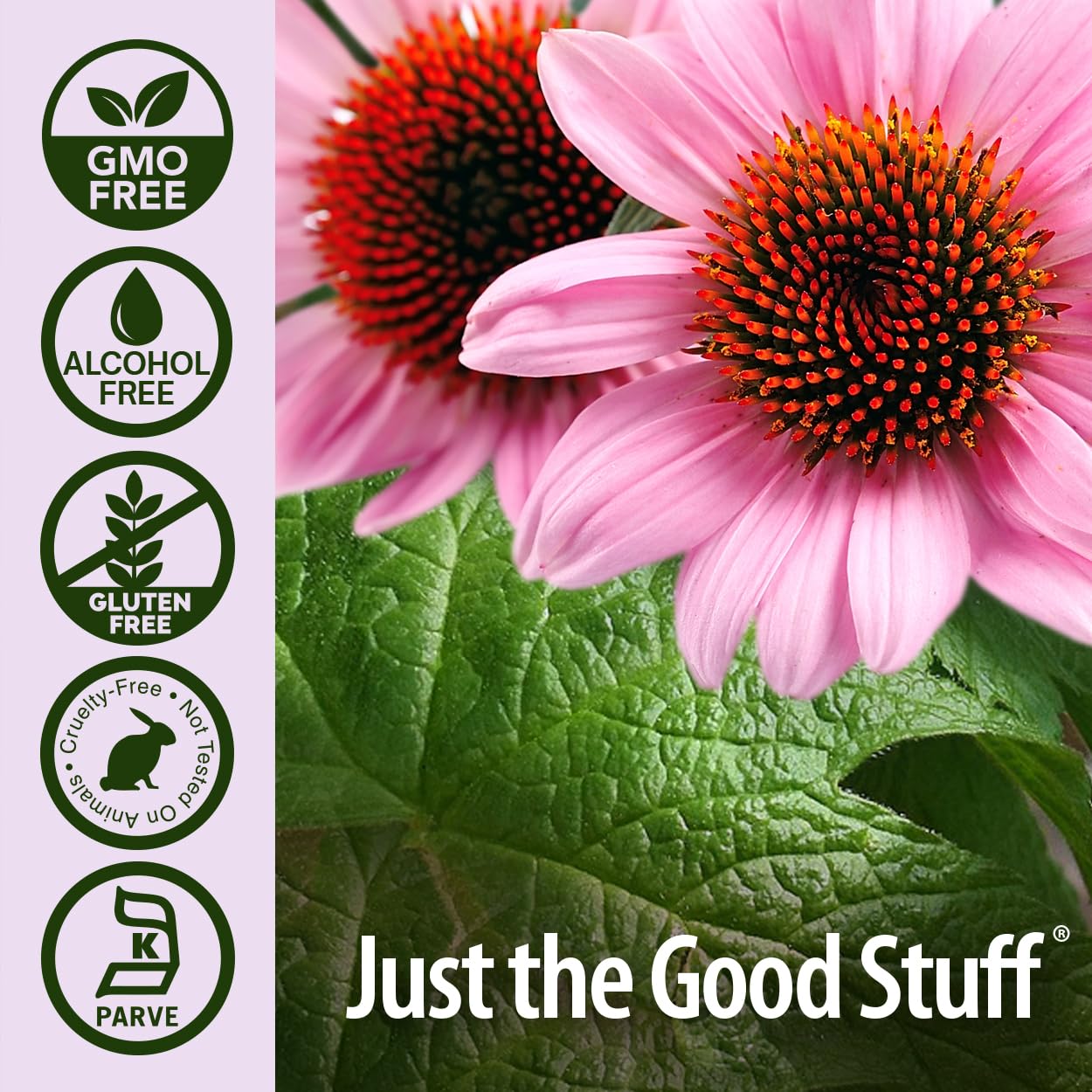 Badges showing gluten-free, non-GMO, alcohol-free, and kosher certified