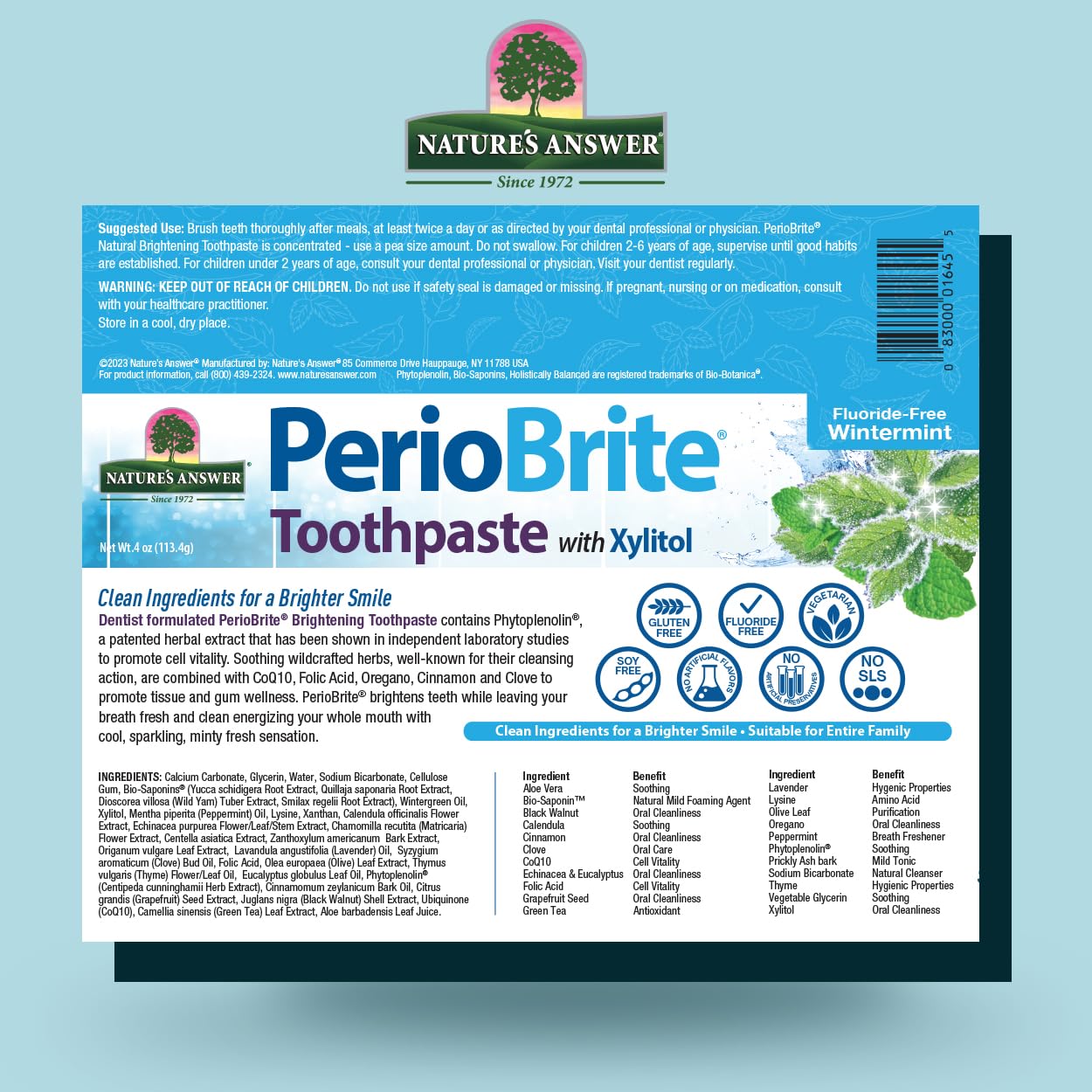 Close-up of Periobrite toothpaste packaging