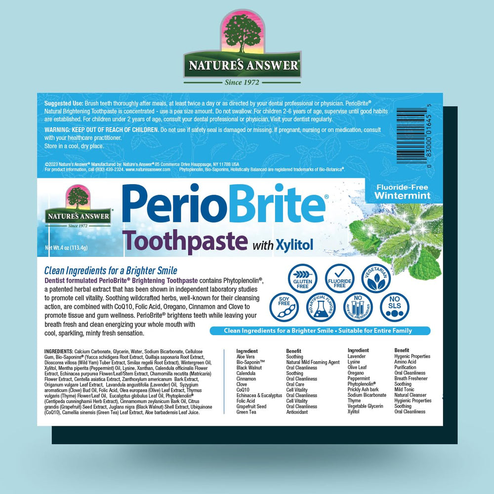 Close-up of Periobrite toothpaste packaging