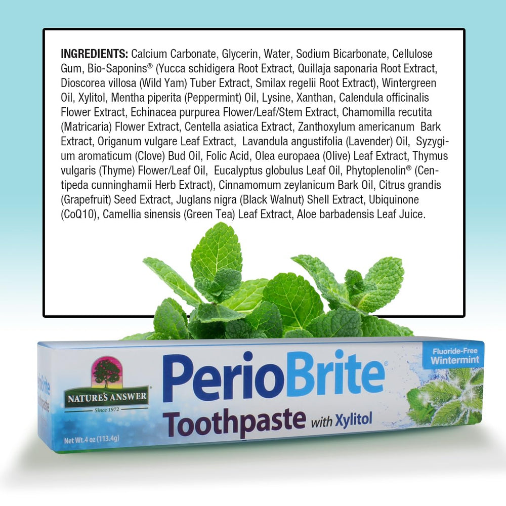 Tube of Nature's Answer Periobrite toothpaste on minty theme