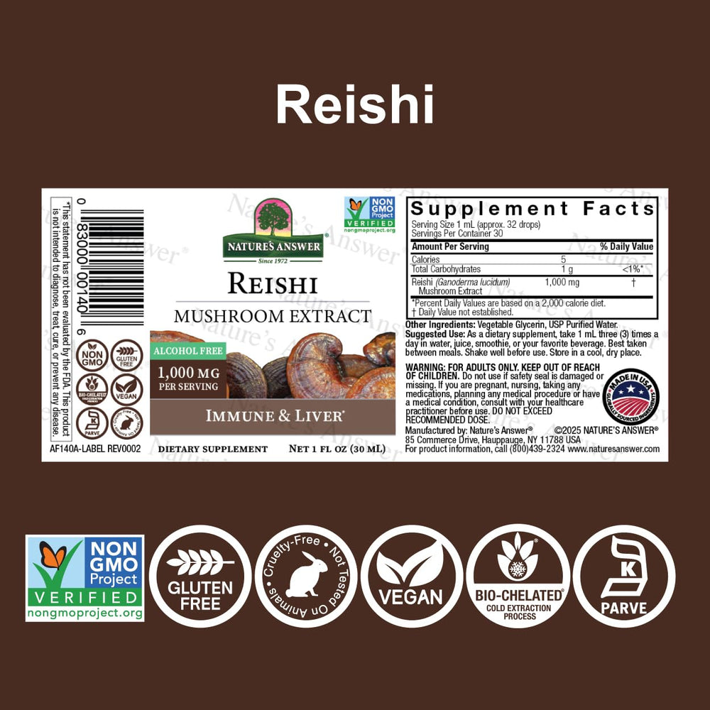 Nature's Answer Reishi bottle back with supplement facts