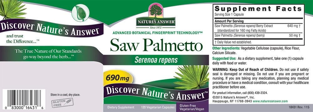 Packaging for Nature's Answer Saw Palmetto 690mg 120-cap capsules