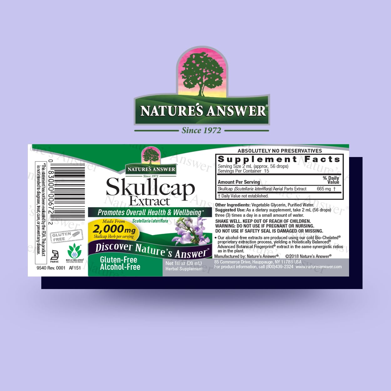 Nature's Answer skullcap alcohol-free 1oz bottle label
