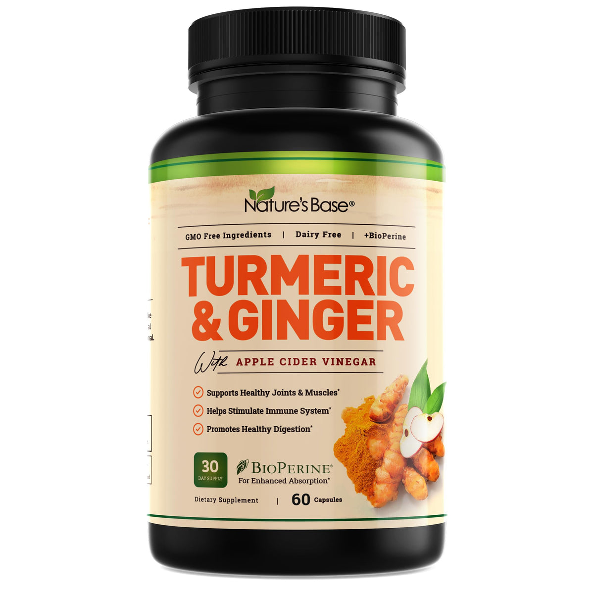 Nature's Base Turmeric & Ginger supplement bottle, 60 capsules