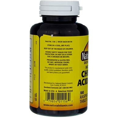 Open bottle showing raspberry-flavored chewable tablets