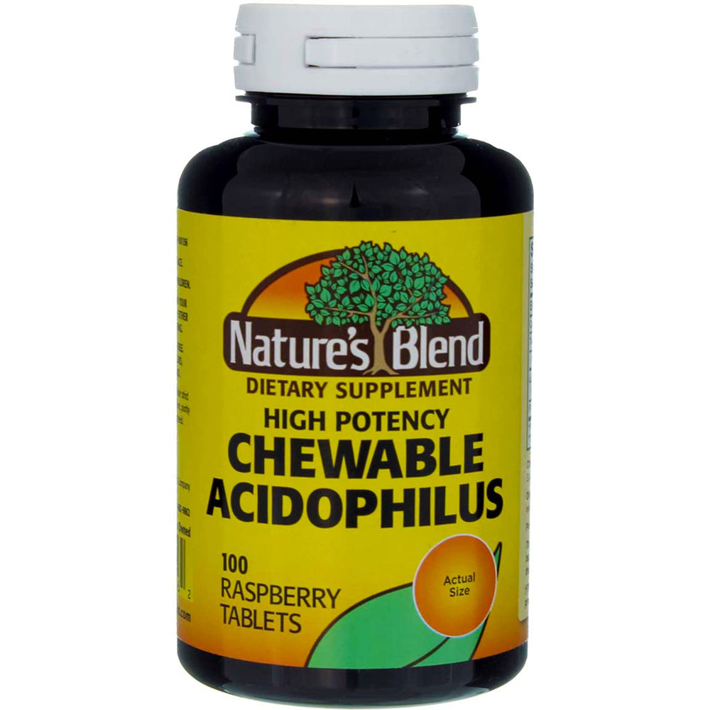 Nature's Blend Acidophilus Chewable Raspberry Flavor packaging and bottle in box