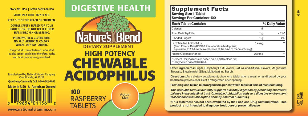 Close-up of Nature's Blend Acidophilus bottle label