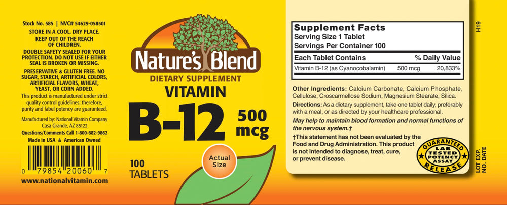 Close-up view of Vitamin B-12 500 mcg tablets