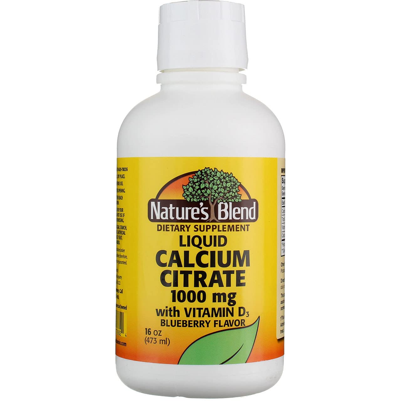 Back label with supplement facts for Nature's Blend Calcium Citrate with D3 Blueberry Liquid