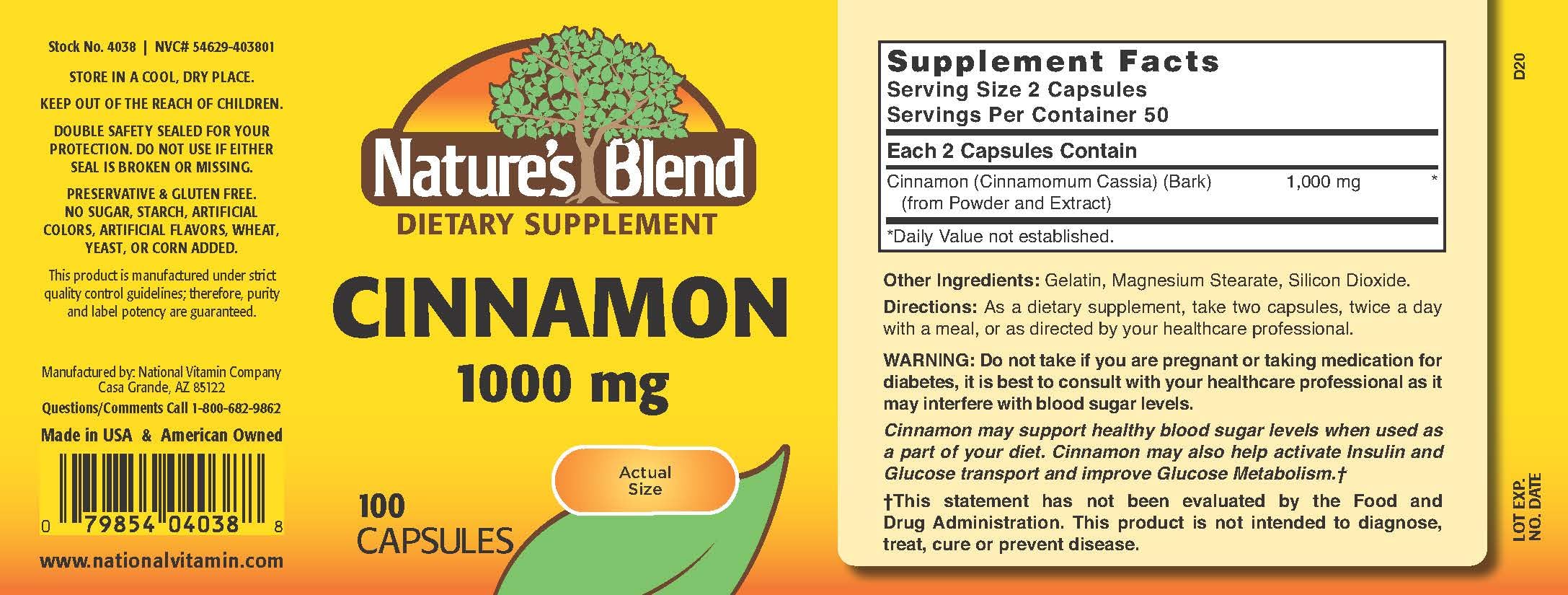 Nature's Blend Cinnamon 1000 mg 100 Caps bottle label close-up