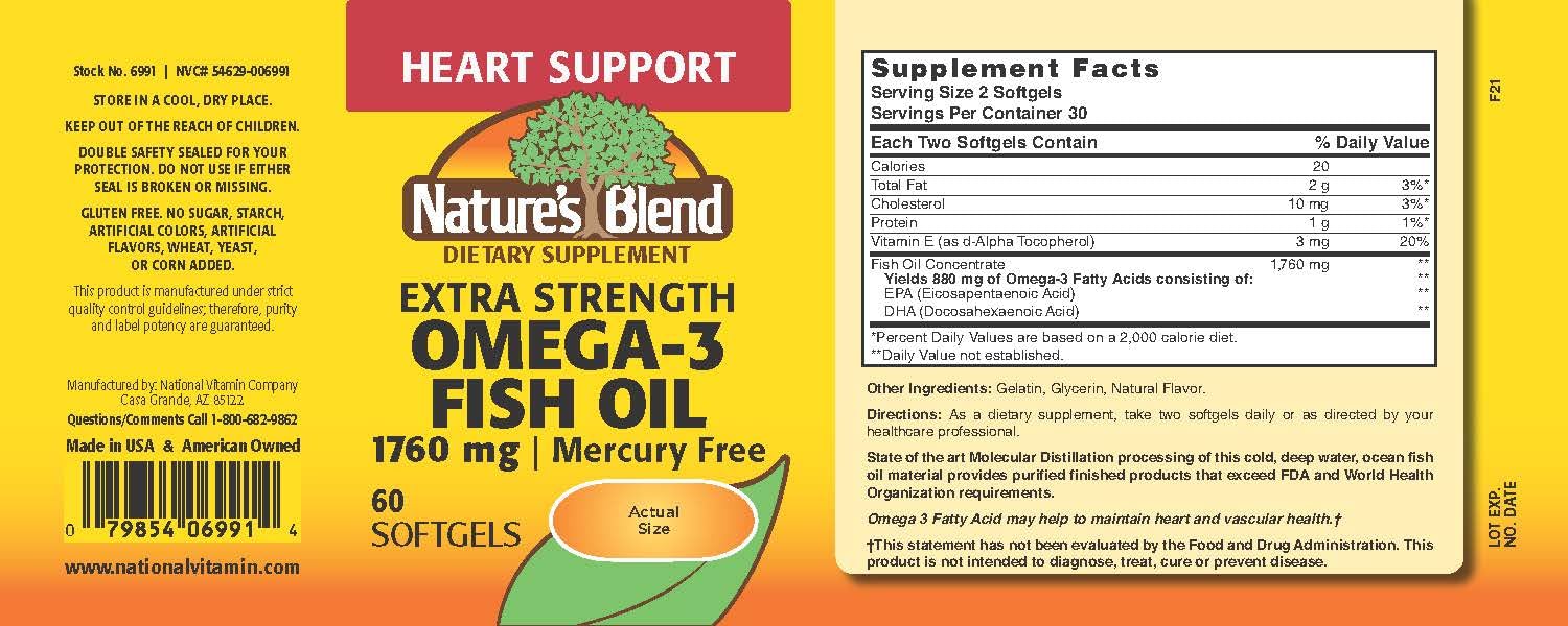Close-up of Nature's Blend Fish Oil 1760 mg Omega-3 Extra Strength label