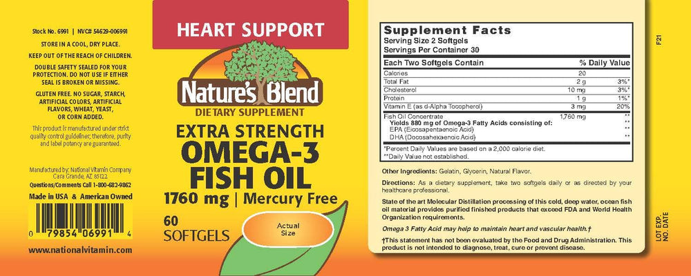 Close-up of Nature's Blend Fish Oil 1760 mg Omega-3 Extra Strength label