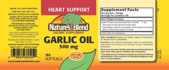 Close-up of Nature's Blend Garlic Oil 500 mg softgels bottle label