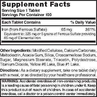 Close-up of Nature's Blend Ferrous Sulfate 325mg tablets