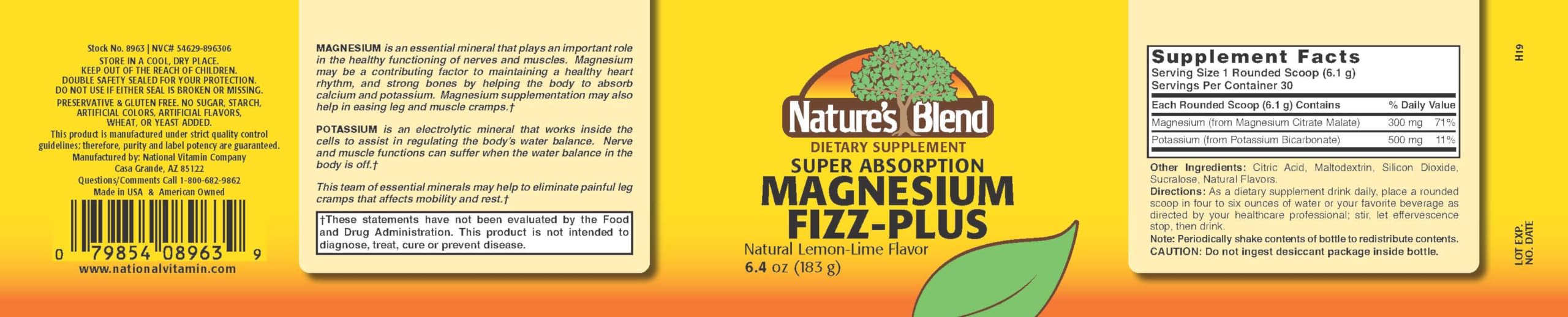 Nature's Blend Magnesium Fizz-Plus Lemon-Lime powder label
