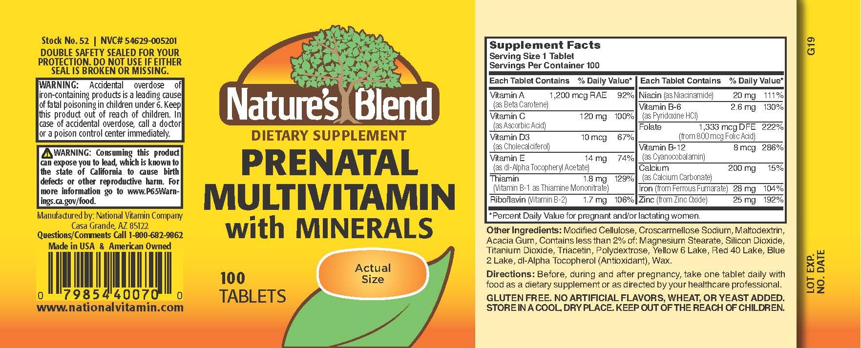 Close-up of Nature's Blend Prenatal Multivitamin label showing gluten-free claim