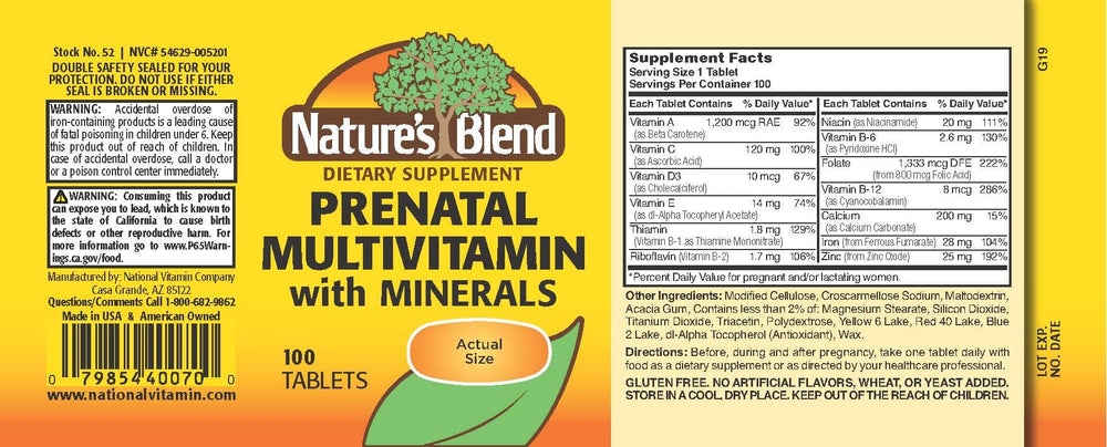 Close-up of Nature's Blend Prenatal Multivitamin label showing gluten-free claim
