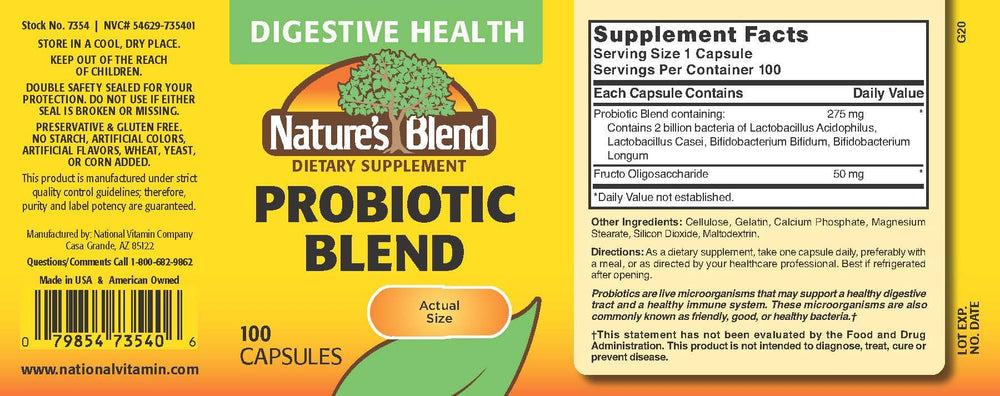 Close-up of Nature's Blend Probiotic 2 Million CFU label