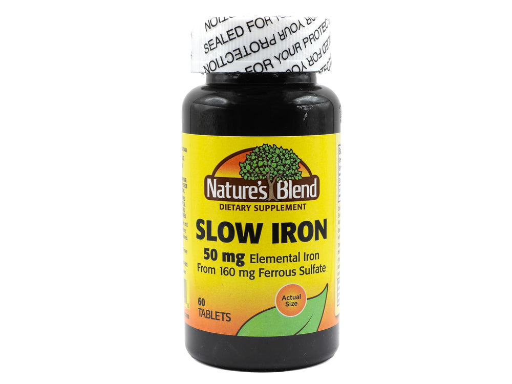 Nature's Blend Slow Iron 50 mg (160 mg) bottle and label