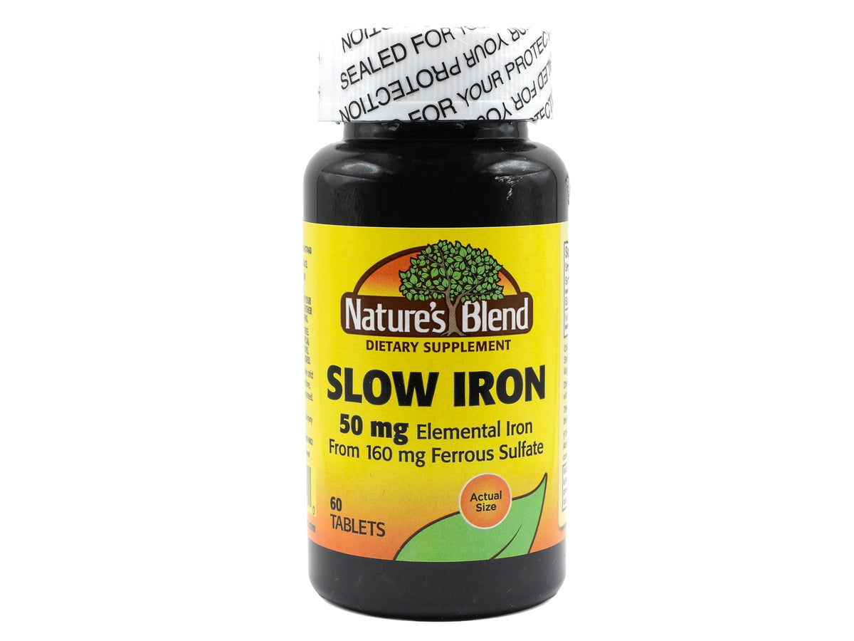 Nature's Blend Slow Iron 50 mg (160 mg) bottle and label