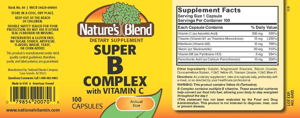 Label for Nature's Blend Super B with C 100 Capsules showing ingredients