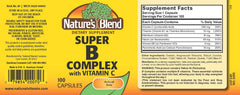 Label for Nature's Blend Super B with C 100 Capsules showing ingredients