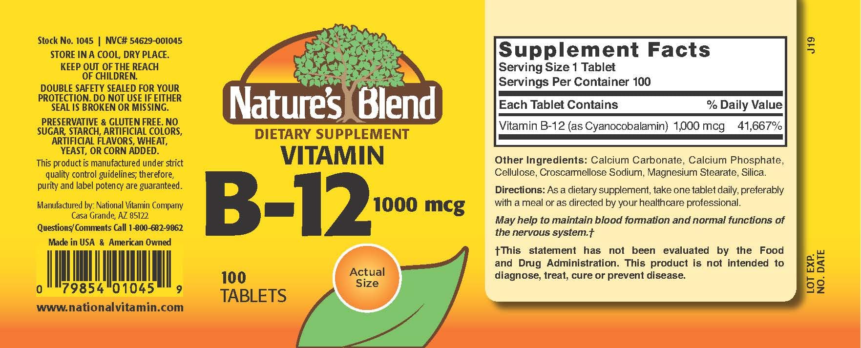 Nature’s Blend Vitamin B-12 1000 mcg bottle label