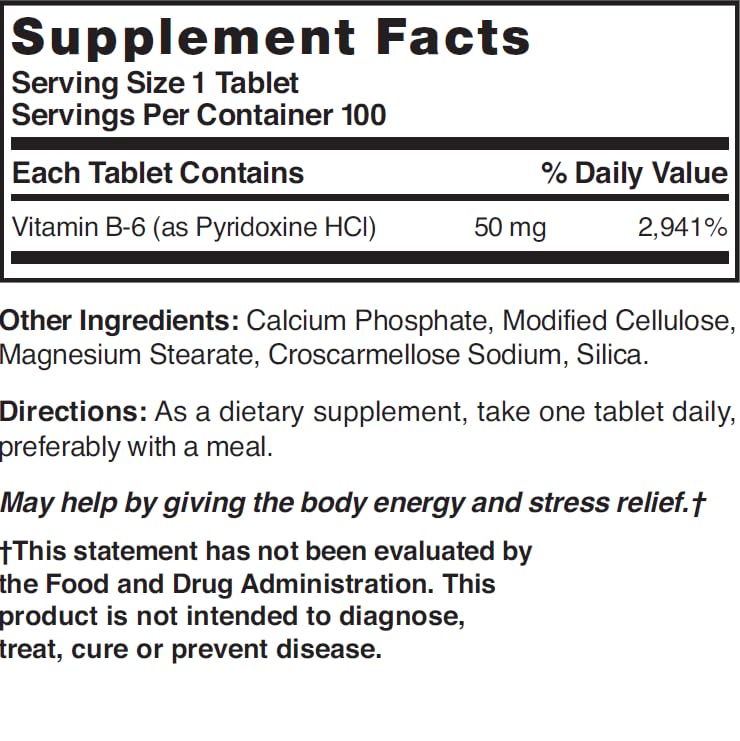 Supplement facts panel for Nature's Blend Vitamin B-6 50mg