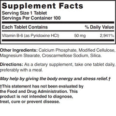 Supplement facts panel for Nature's Blend Vitamin B-6 50mg