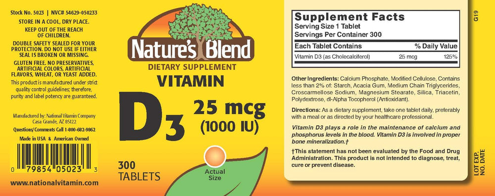 Close-up of Nature's Blend Vitamin D3 1000 IU bottle label