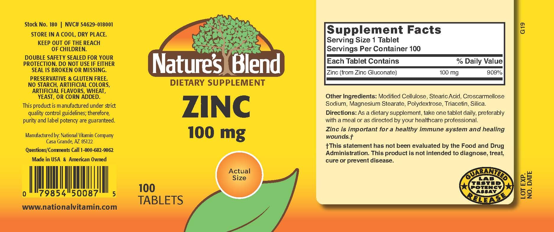 Zinc Gluconate 100 mg 100-count bottle packaging