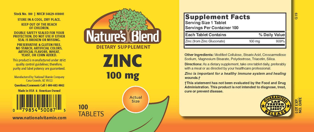 Zinc Gluconate 100 mg 100-count bottle packaging
