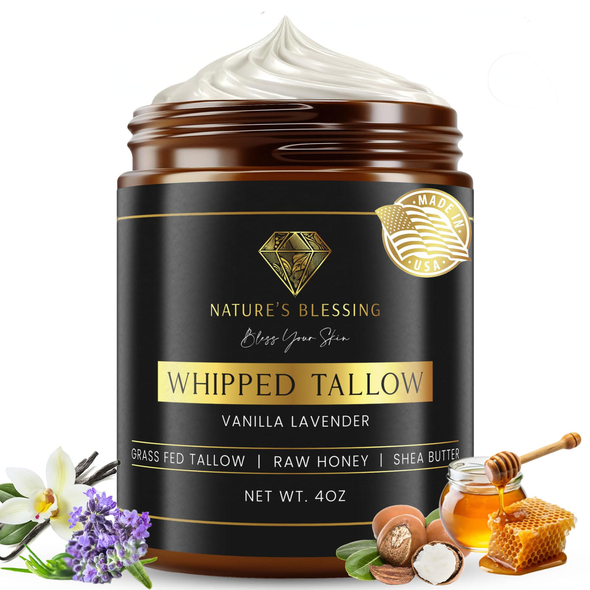 Nature's Blessing beef tallow anti-aging cream jar with organic honey and shea butter