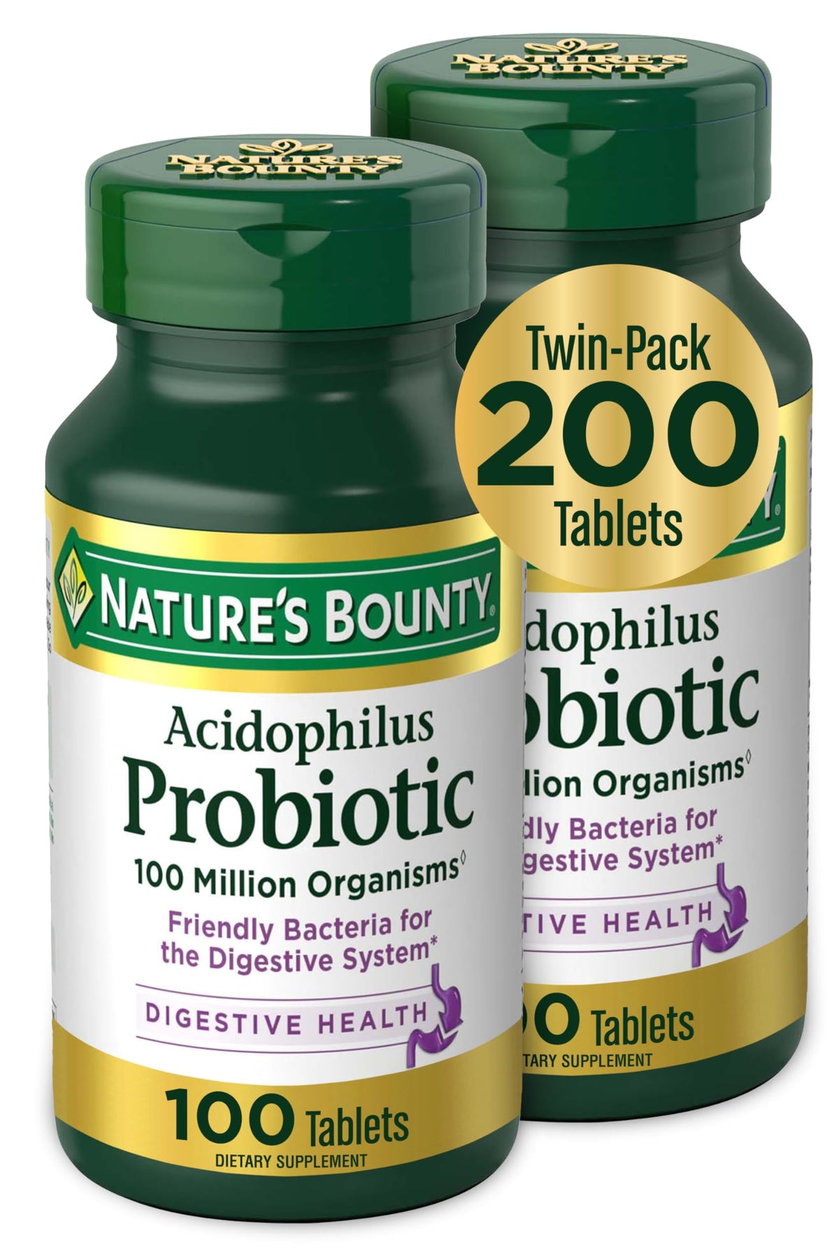 Nature’s Bounty Acidophilus Probiotic twin-pack box and bottle with 200 tablets