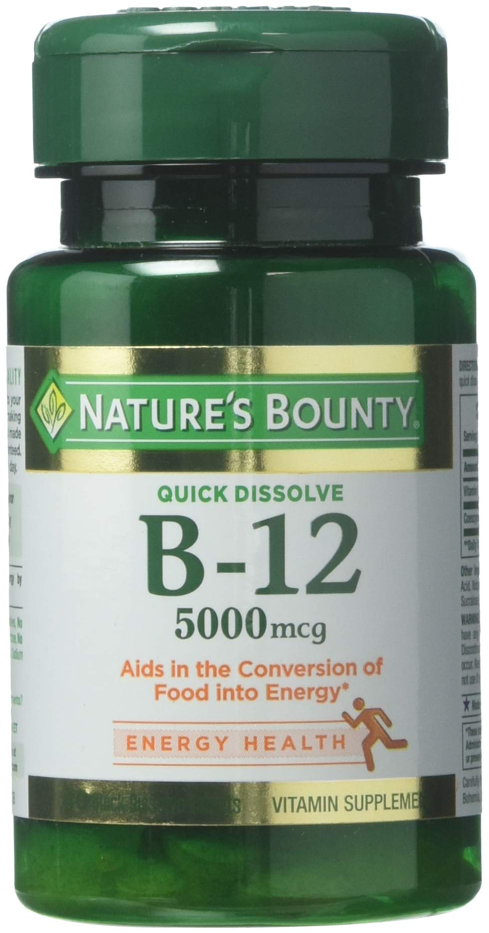 Bottle of Nature's Bounty Vitamin B-12 5000 mcg Quick Dissolve tablets